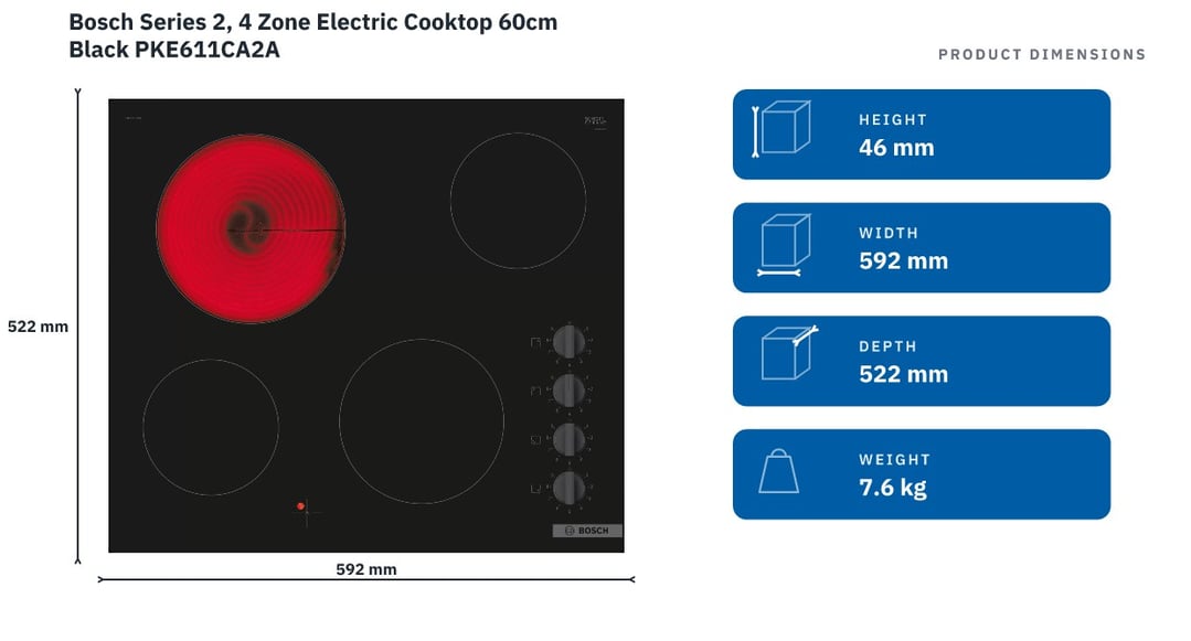Bosch Series 2, 4 Zone Electric Cooktop 60cm Black PKE611CA2A