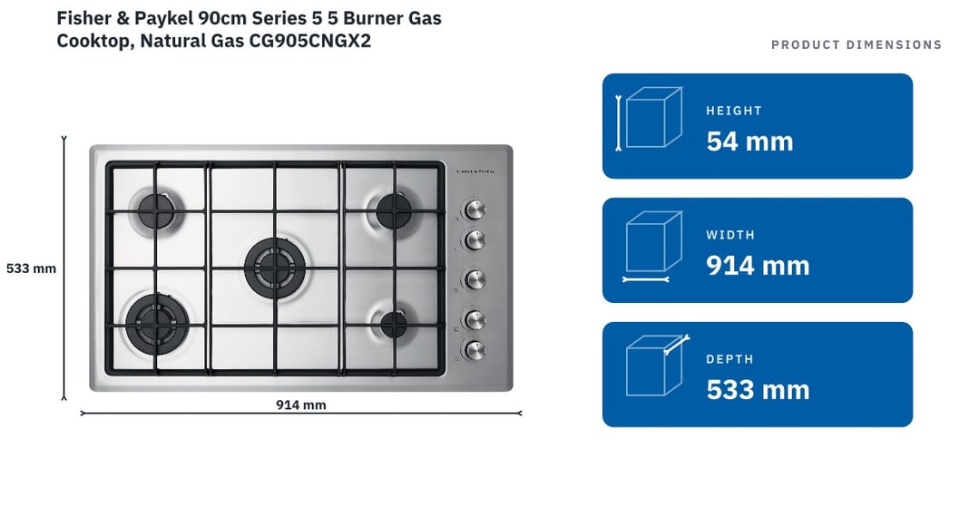 Fisher & Paykel 90cm Series 5 5 Burner Gas Cooktop, Natural Gas CG905CNGX2 — product dimensions
