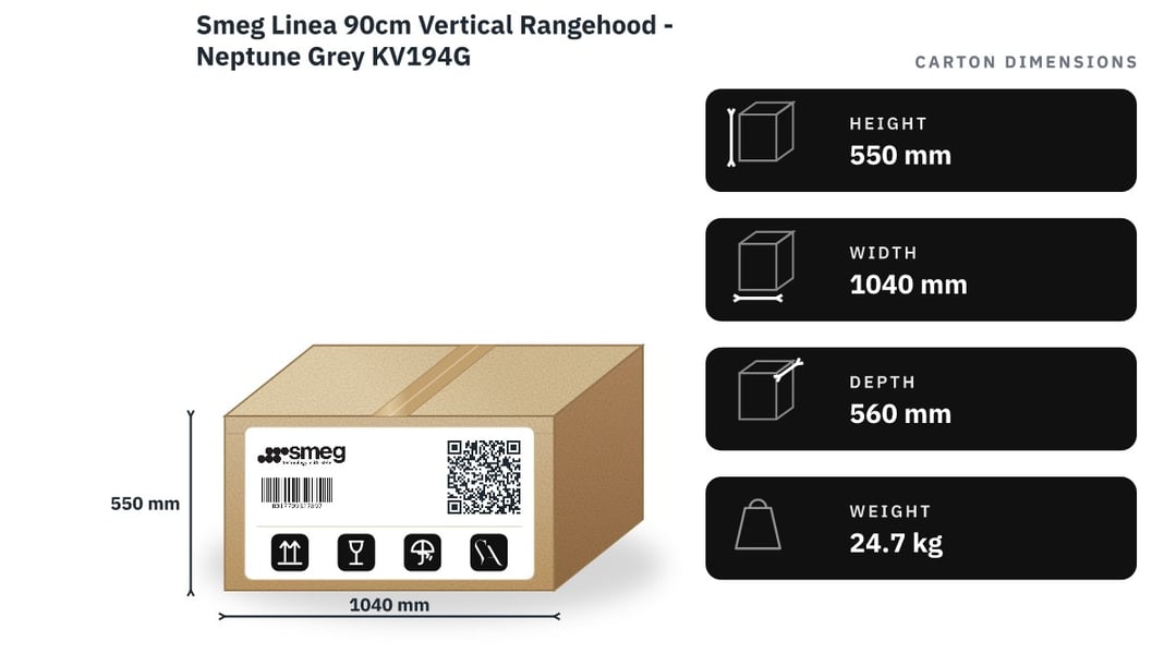 Smeg Linea 90cm Vertical Rangehood - Neptune Grey KV194G — packaged dimensions