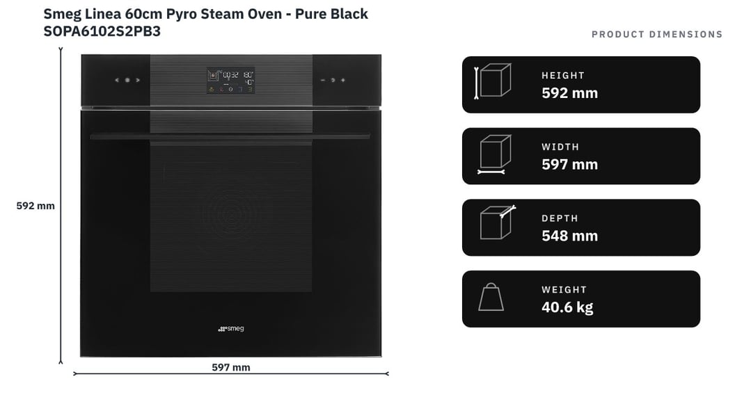 Smeg Linea 60cm Pyro Steam Oven - Pure Black SOPA6102S2PB3 — product dimensions