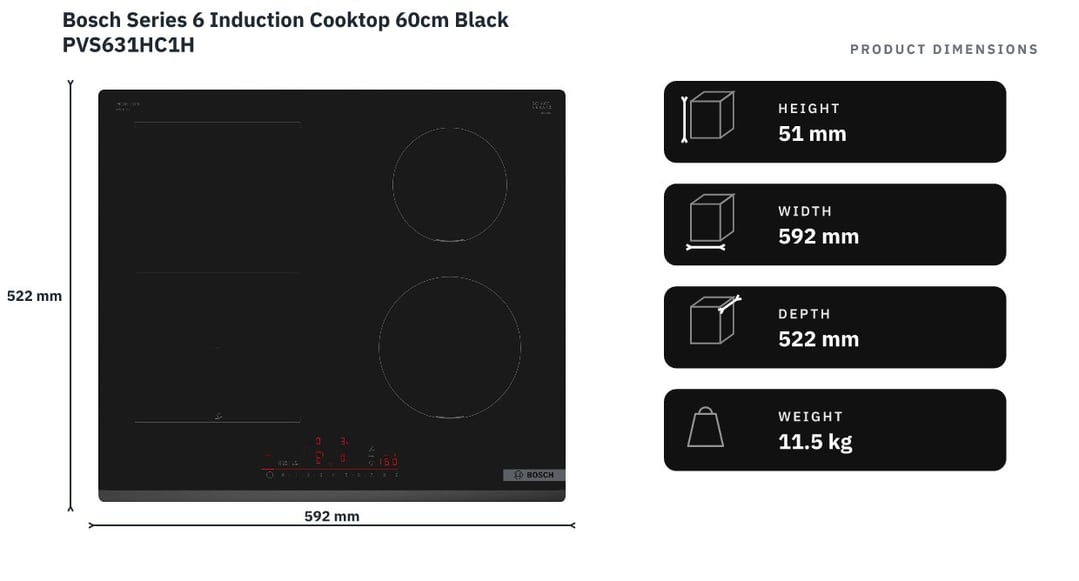Bosch Series 6 Induction Cooktop 60cm Black PVS631HC1H — product dimensions
