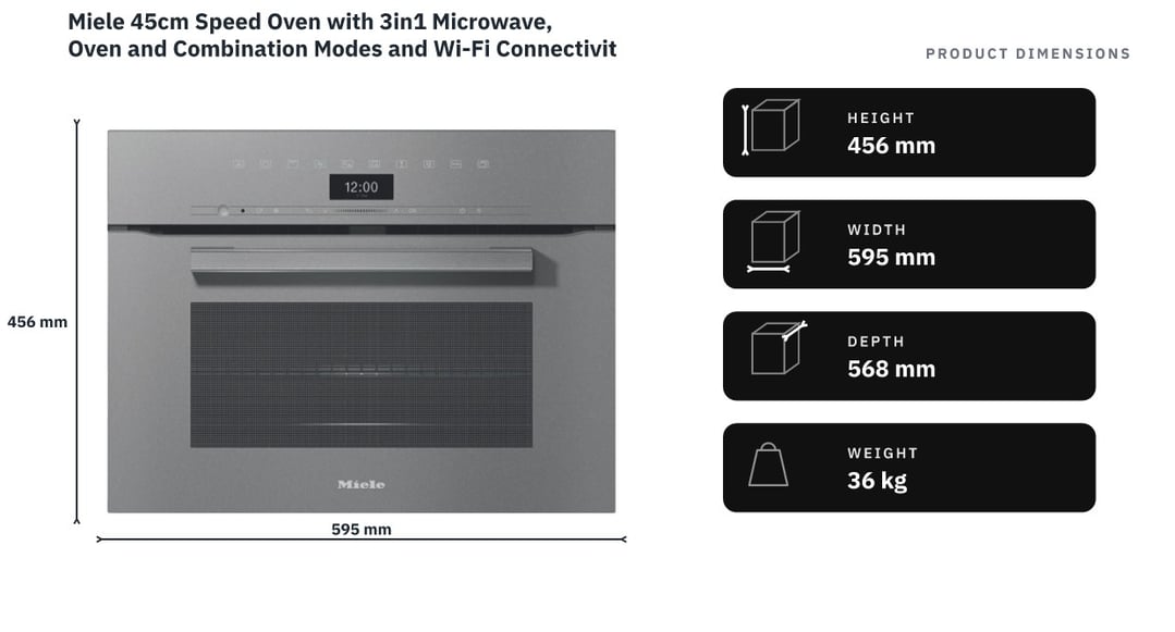 Miele 45cm Speed Oven with 3in1 Microwave, Oven and Combination Modes and Wi-Fi Connectivity Graphite Grey H7440BMGRGR — product dimensions