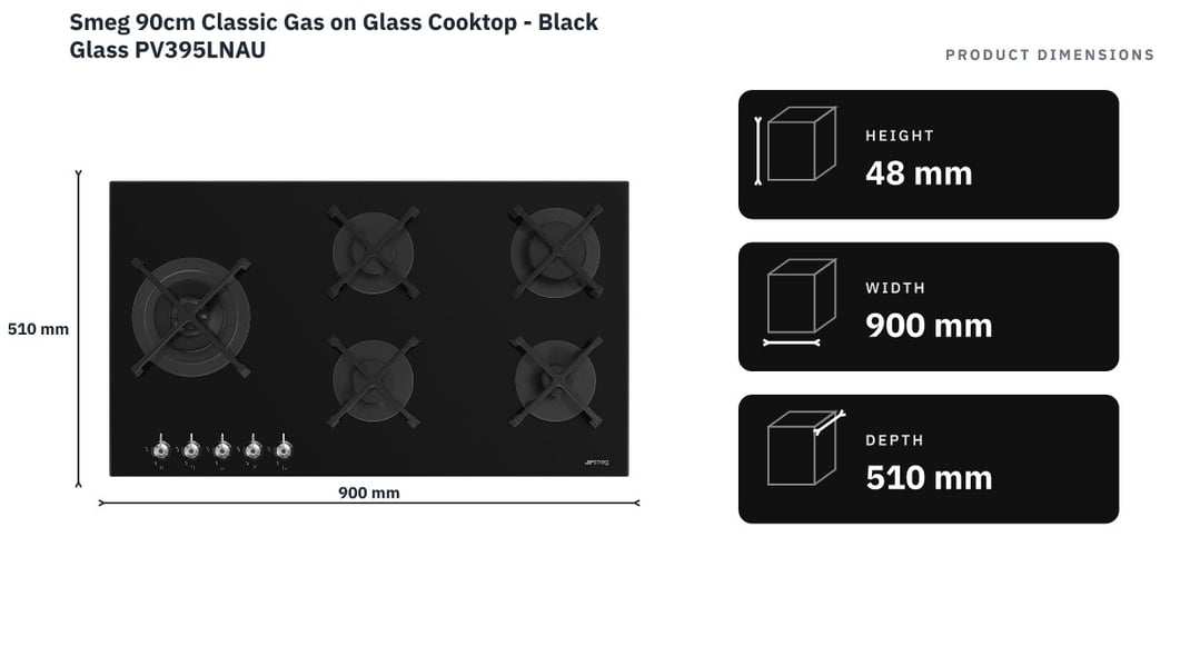 Smeg 90cm Classic Gas on Glass Cooktop - Black Glass PV395LNAU — product dimensions
