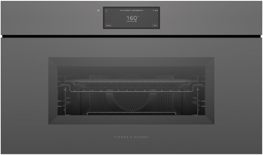 Fisher & Paykel 76cm Series 9, Minimal Handleless Compact Combi-Microwave Oven, Grey Glass OM76NMUNG3