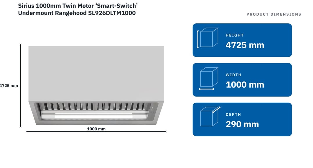 Sirius 1000mm Twin Motor ‘Smart-Switch’ Undermount Rangehood SL926DLTM1000 — product dimensions