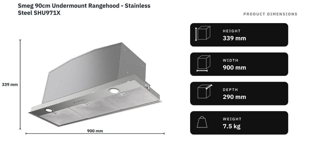 Smeg 90cm Undermount Rangehood - Stainless Steel SHU971X — product dimensions