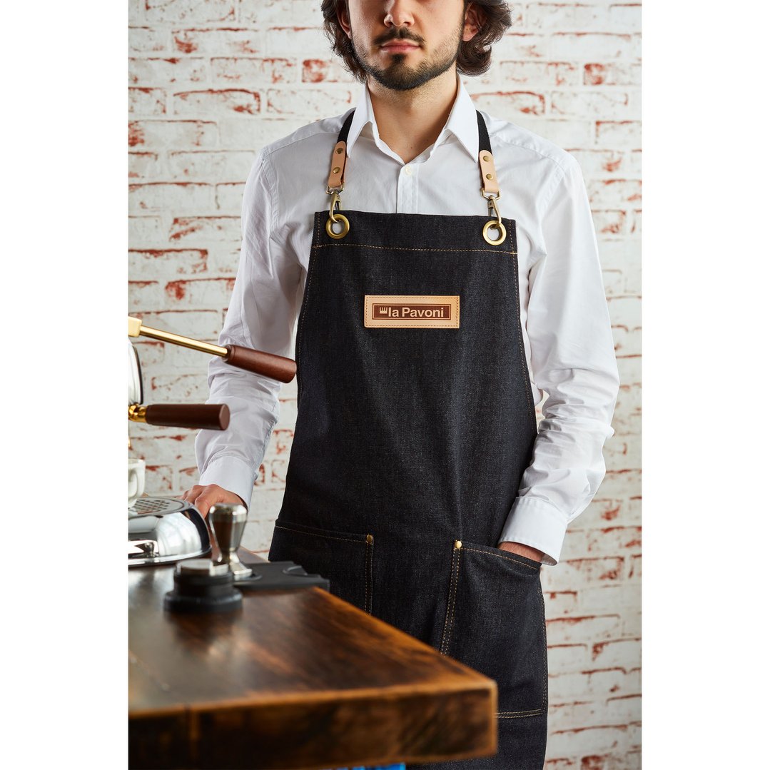 La Pavoni Black denim apron with leather embossed logo LPAPRON