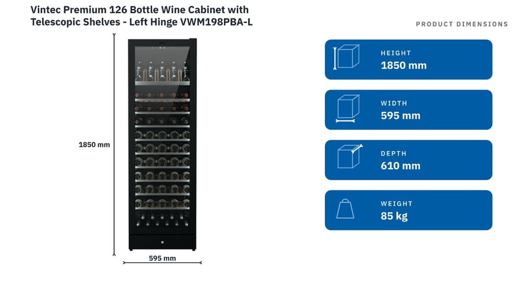 Vintec Premium 126 Bottle Wine Cabinet with Telescopic Shelves - Left Hinge VWM198PBA-L — product dimensions