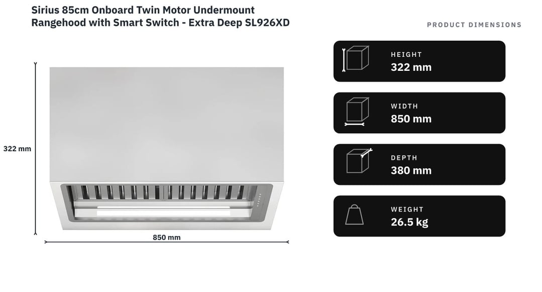 Sirius 85cm Onboard Twin Motor Undermount Rangehood with Smart Switch - Extra Deep SL926XDTM85 — product dimensions