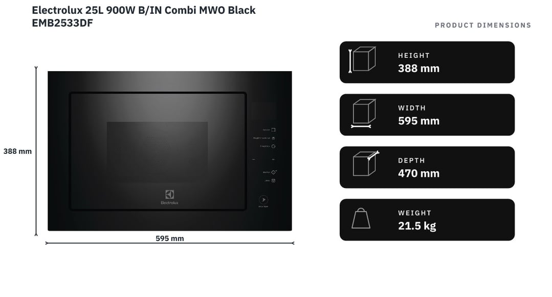 Electrolux 25L 900W B/IN Combi MWO Black EMB2533DF — product dimensions