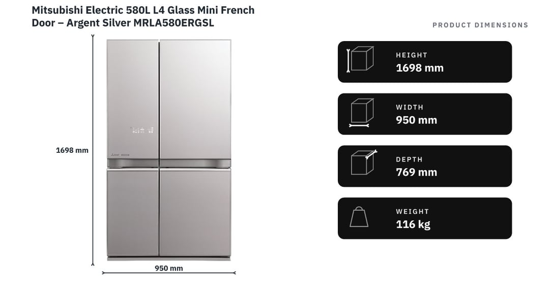 Mitsubishi Electric 580L L4 Glass Mini French Door – Argent Silver MRLA580ERGSL — product dimensions
