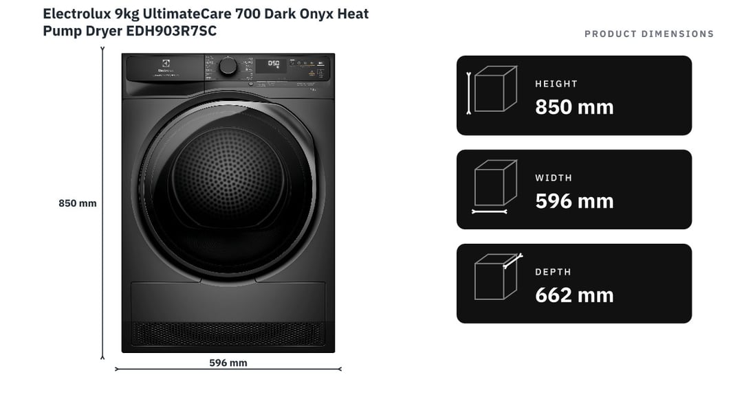 Electrolux 9kg UltimateCare 700 Dark Onyx Heat Pump Dryer EDH903R7SC — product dimensions