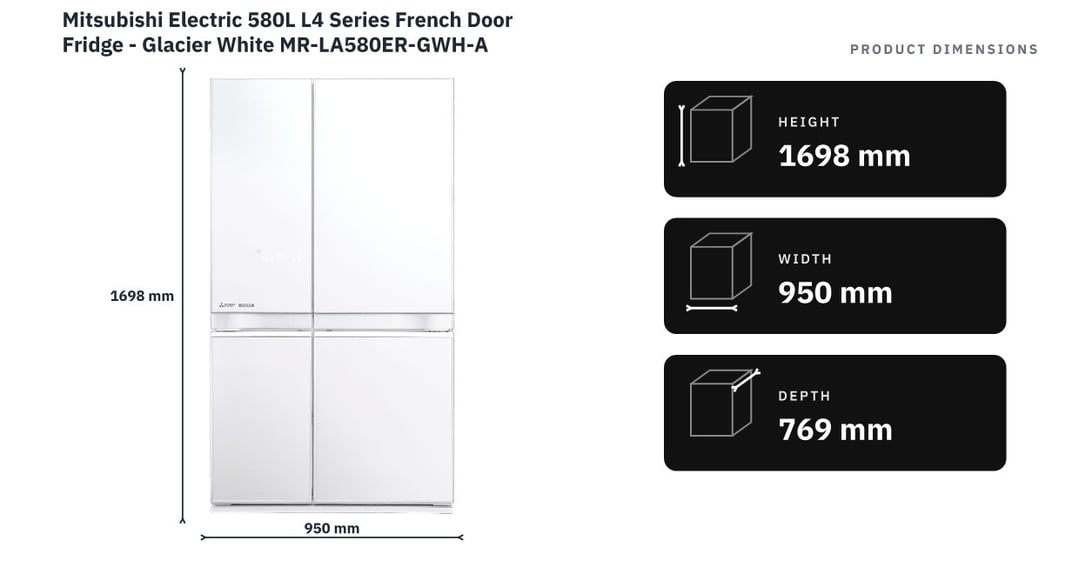 Mitsubishi Electric 580L L4 Series French Door Fridge - Glacier White MR-LA580ER-GWH-A — product dimensions