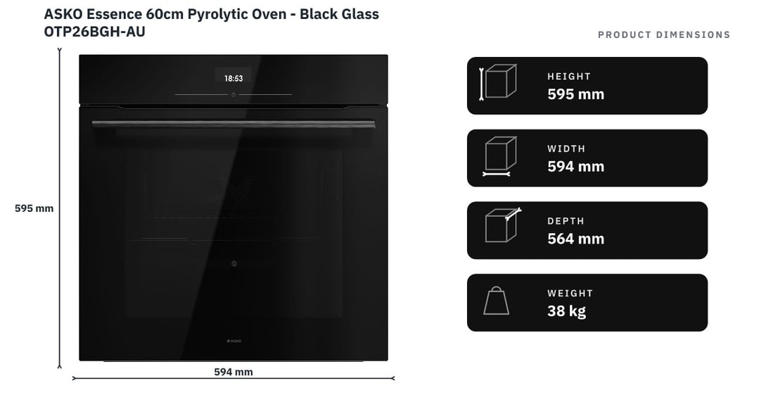 ASKO Essence 60cm Pyrolytic Oven - Black Glass OTP26BGH-AU — product dimensions
