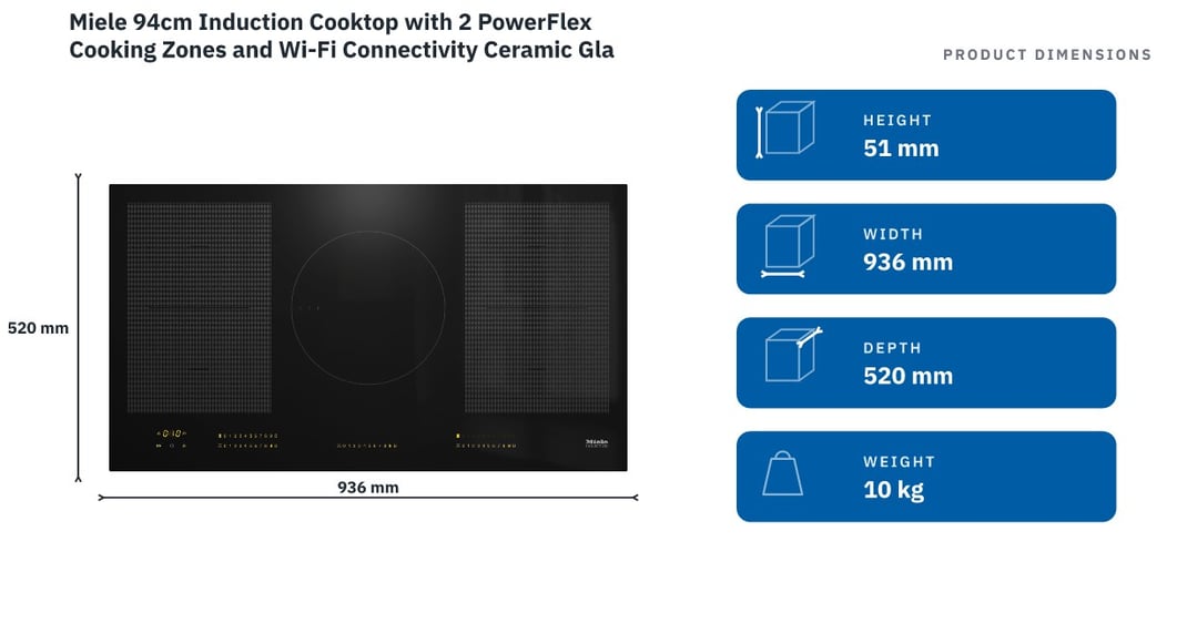 Miele 94cm Induction Cooktop with 2 PowerFlex Cooking Zones and Wi-Fi Connectivity Ceramic Glass KM7594-2FL