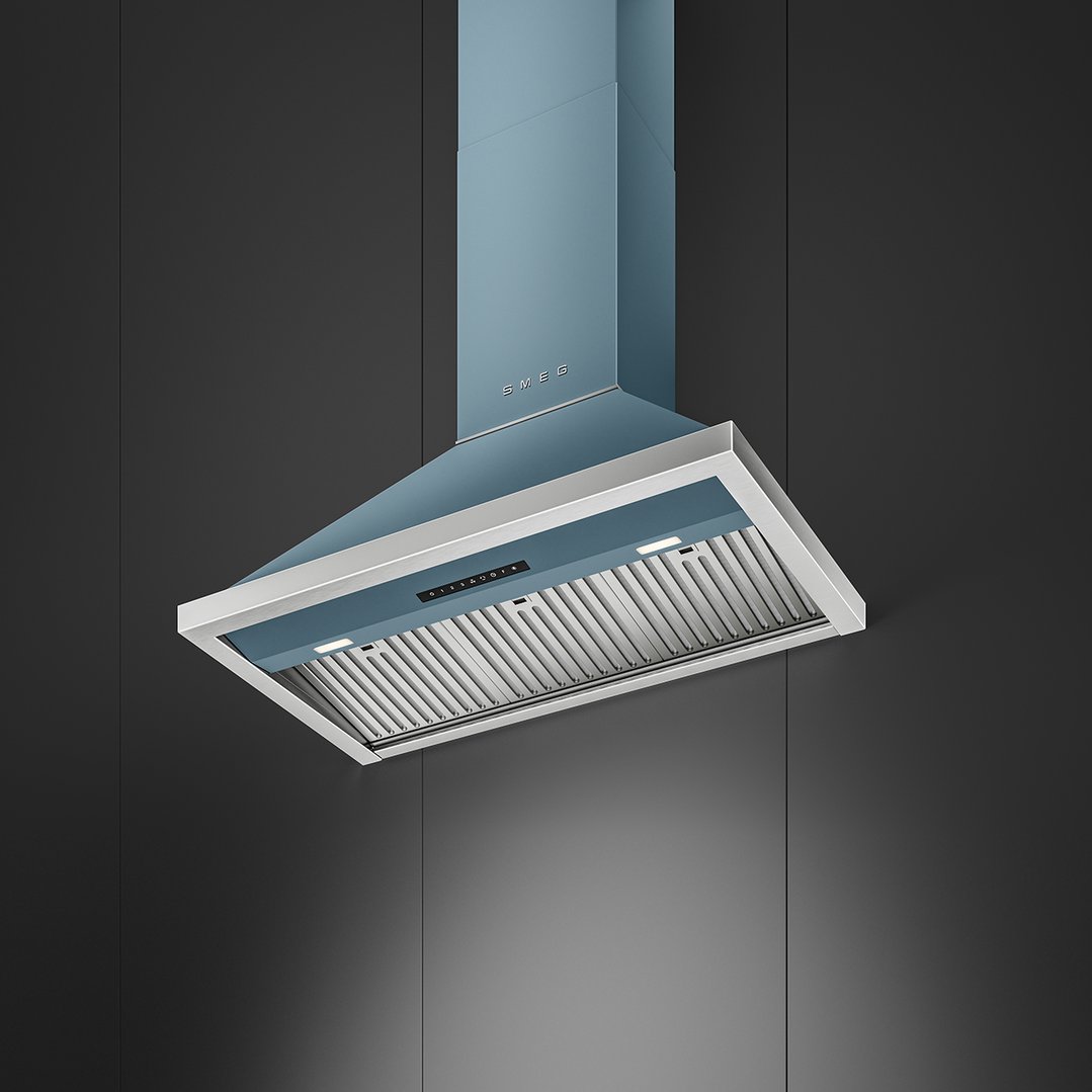 Storm blue canopy rangehood with stainless steel trim mounted on a dark wall