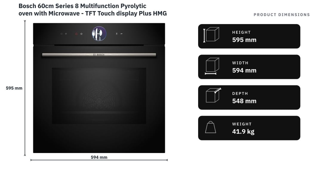 Bosch 60cm Series 8 Multifunction Pyrolytic oven with Microwave - TFT Touch display Plus HMG7761B1A — product dimensions