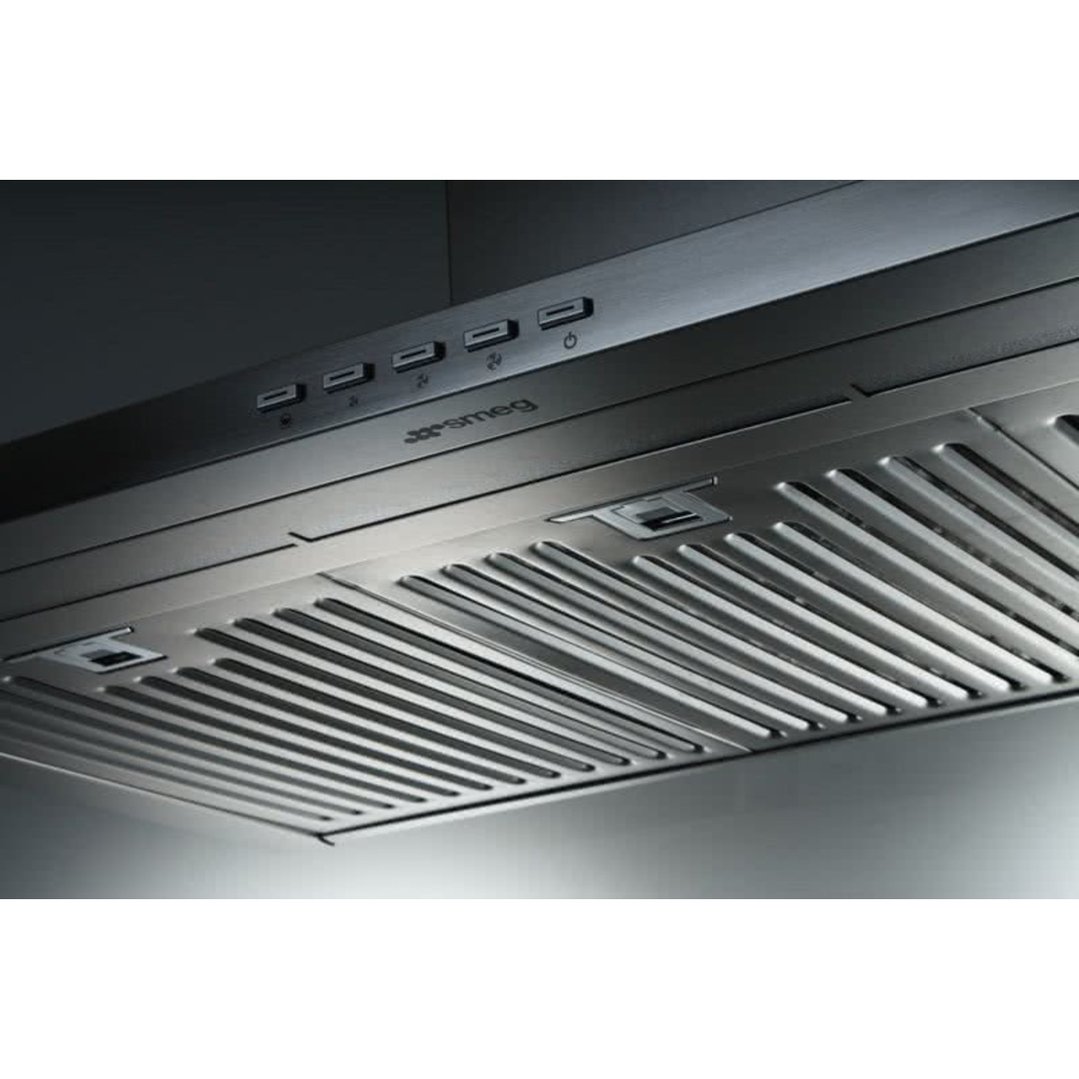 Close up of a Smeg rangehood with controls and filters visible