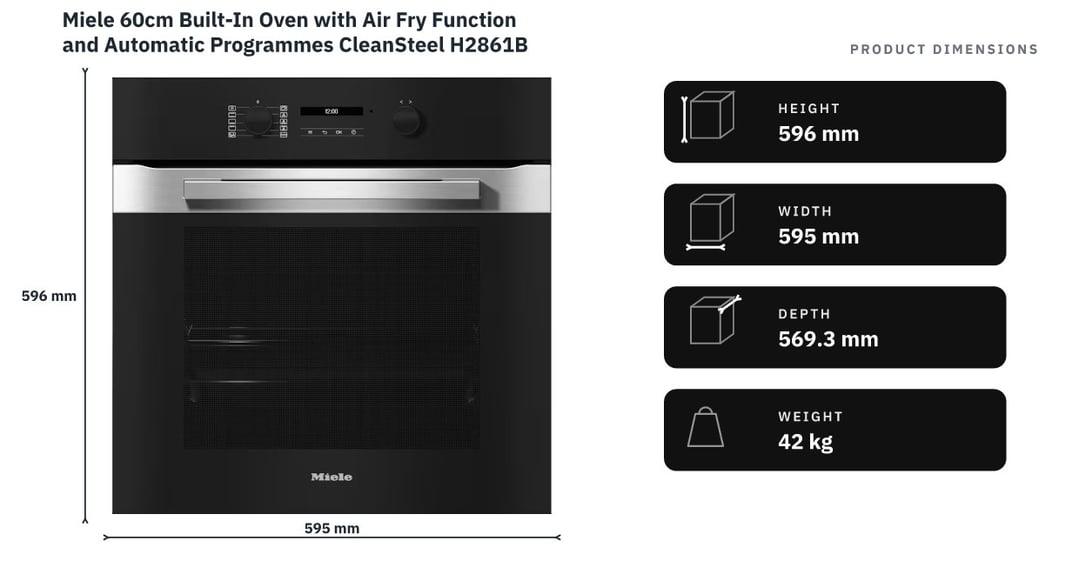 Miele 60cm Built-In Oven with Air Fry Function and Automatic Programmes CleanSteel H2861B — product dimensions