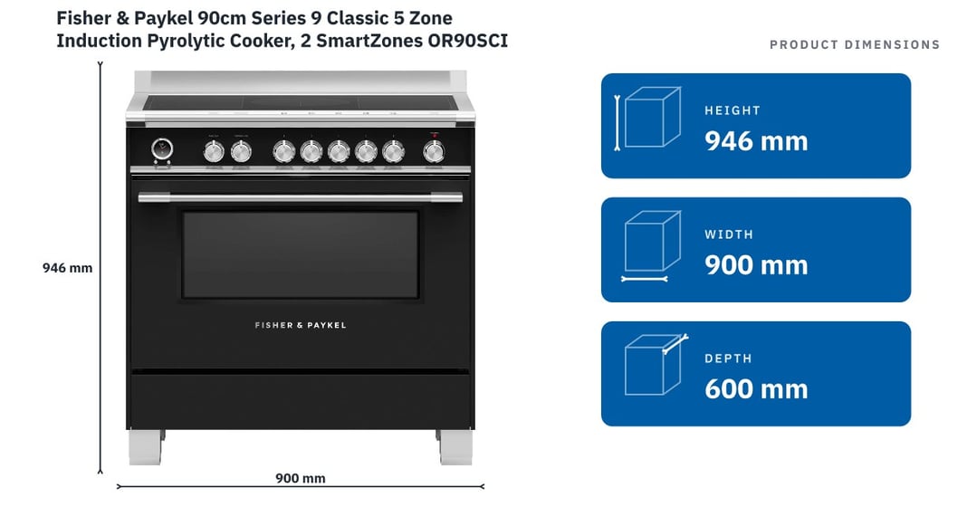 Fisher & Paykel 90cm Series 9 Classic 5 Zone Induction Pyrolytic Cooker, 2 SmartZones OR90SCI6B1 — product dimensions
