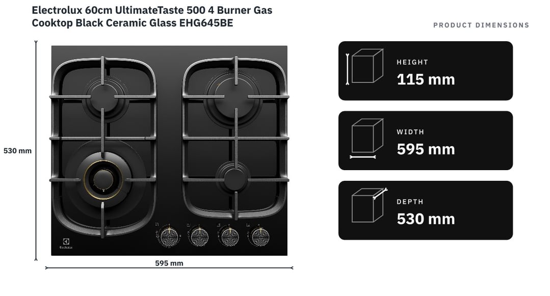 Electrolux 60cm UltimateTaste 500 4 Burner Gas Cooktop Black Ceramic Glass EHG645BE — product dimensions