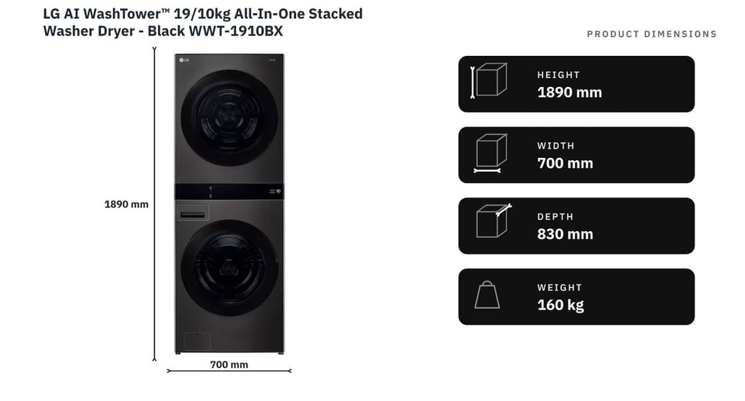 LG AI WashTower™ 19/10kg All-In-One Stacked Washer Dryer - Black WWT-1910BX — product dimensions