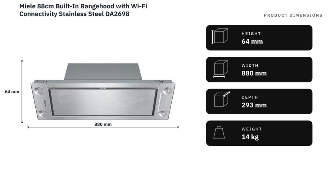 Miele 88cm Built-In Rangehood with Wi-Fi Connectivity Stainless Steel DA2698 — product dimensions