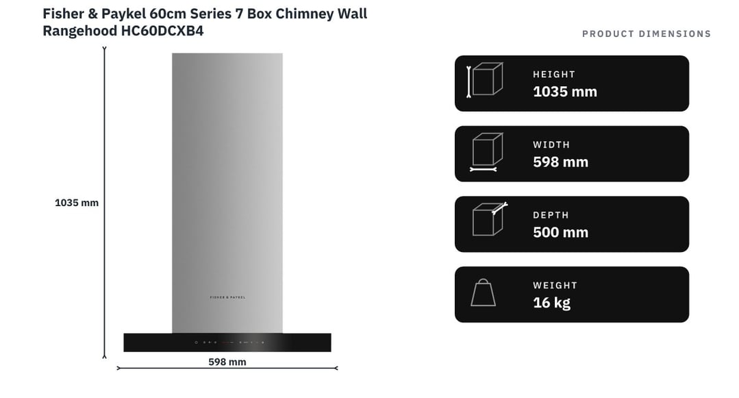 Fisher & Paykel 60cm Series 7 Box Chimney Wall Rangehood HC60DCXB4 — product dimensions