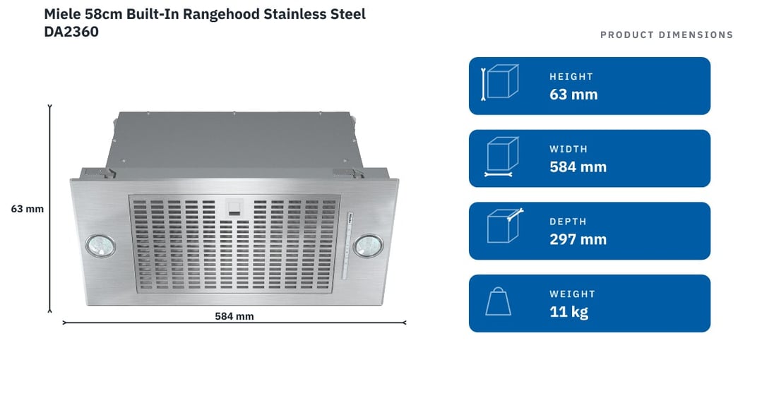 Miele 58cm Built-In Rangehood Stainless Steel DA2360 — product dimensions