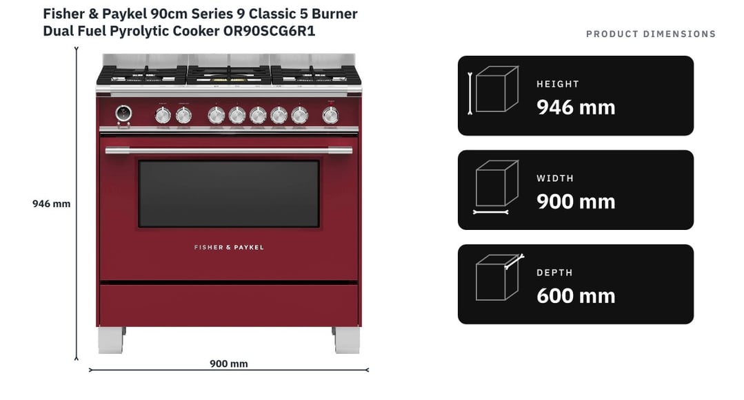 Fisher & Paykel 90cm Series 9 Classic 5 Burner Dual Fuel Pyrolytic Cooker OR90SCG6R1 — product dimensions