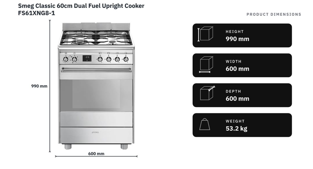 Smeg Classic 60cm Dual Fuel Upright Cooker FS61XNG8-1 — product dimensions
