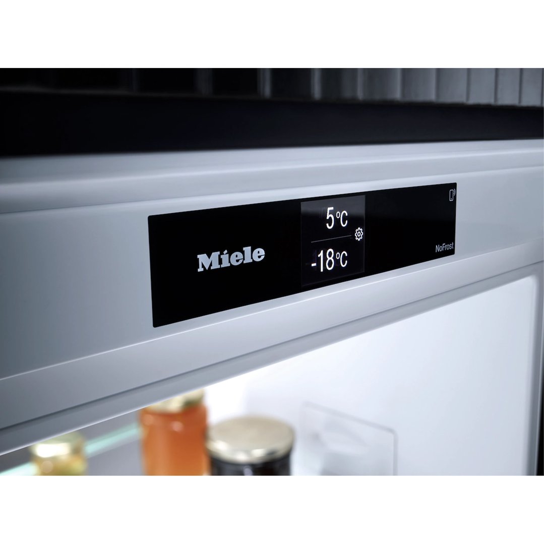Close up of the Miele fridge freezer display showing temperatures and settings
