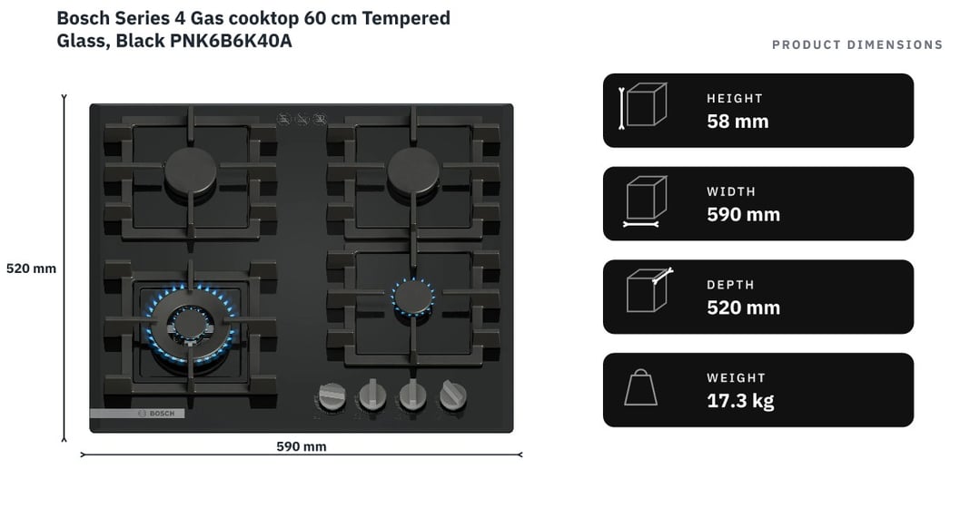 Bosch Series 4 Gas cooktop 60 cm Tempered Glass, Black PNK6B6K40A — product dimensions