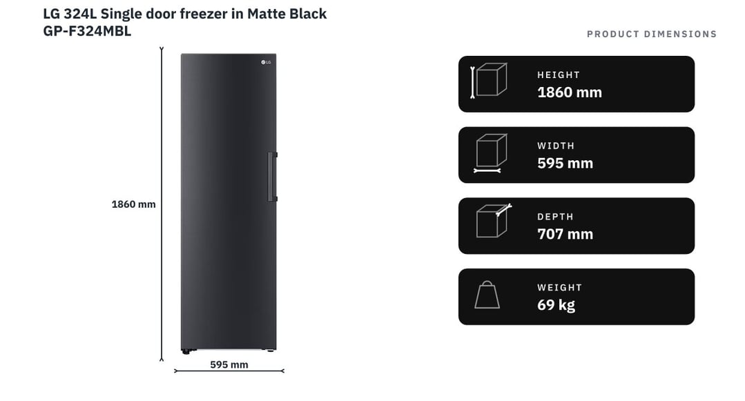 LG 324L Single door freezer in Matte Black GP-F324MBL — product dimensions