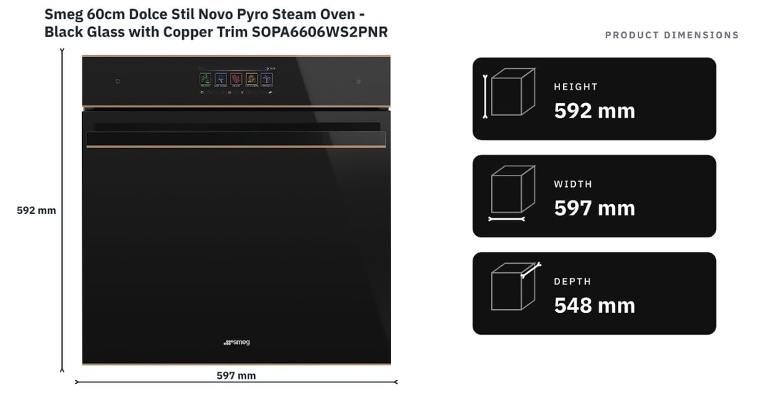 Smeg 60cm Dolce Stil Novo Pyro Steam Oven - Black Glass with Copper Trim SOPA6606WS2PNR — product dimensions