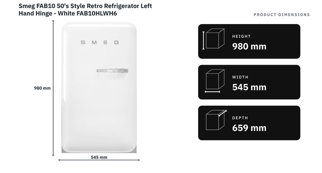 Smeg FAB10 50's Style Retro Refrigerator Left Hand Hinge - White FAB10HLWH6 — product dimensions
