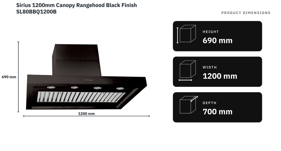 Sirius 1200mm Canopy Rangehood Black Finish SL80BBQ1200B — product dimensions