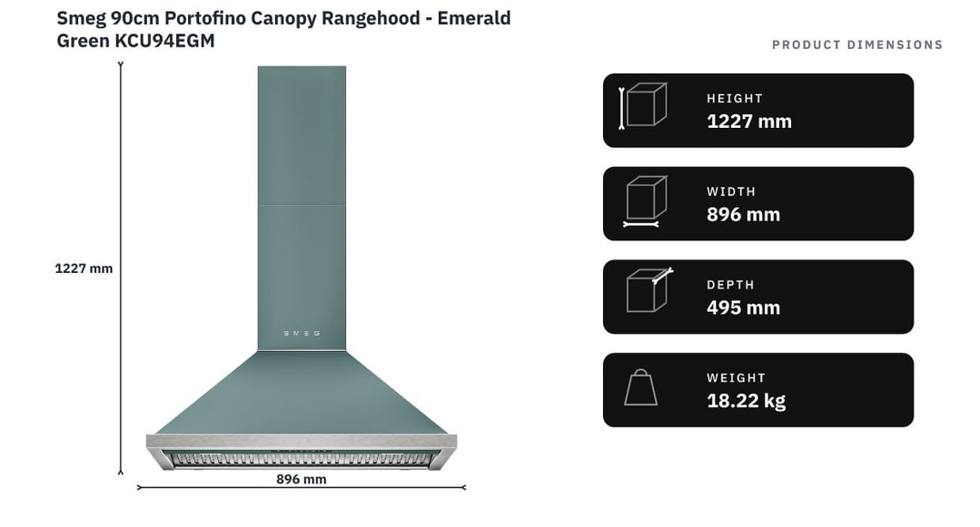 Smeg 90cm Portofino Canopy Rangehood - Emerald Green KCU94EGM — product dimensions