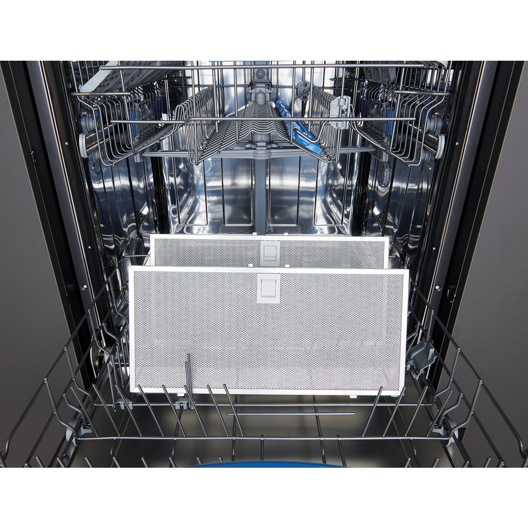 Two rangehood filters inside a dishwasher, ready for cleaning