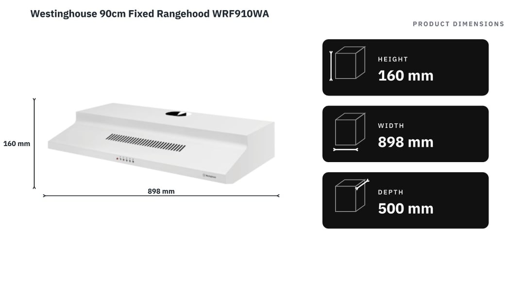 Westinghouse 90cm Fixed Rangehood WRF910WA — product dimensions