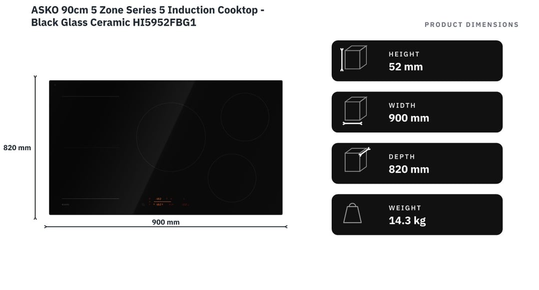 ASKO 90cm 5 Zone Series 5 Induction Cooktop - Black Glass Ceramic HI5952FBG1 — product dimensions