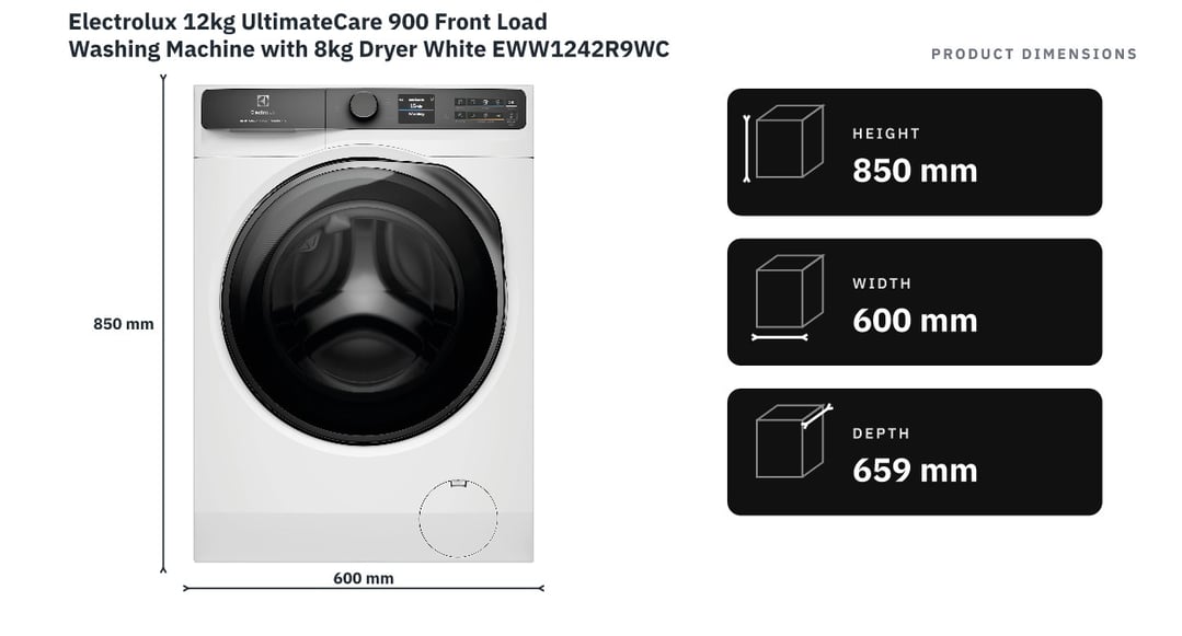 Electrolux 12kg UltimateCare 900 Front Load Washing Machine with 8kg Dryer White EWW1242R9WCS — product dimensions
