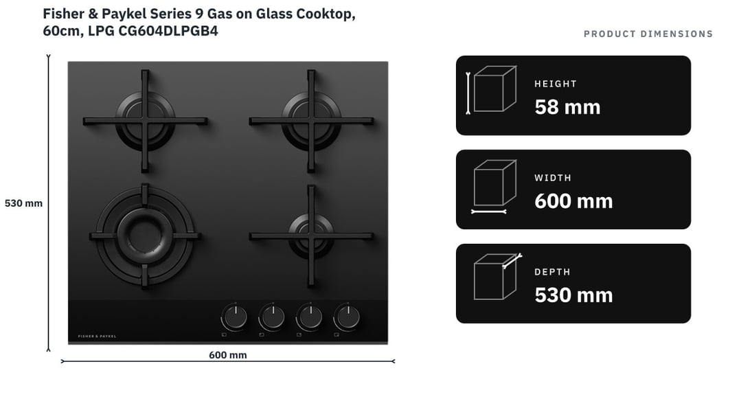Fisher & Paykel Series 9 Gas on Glass Cooktop, 60cm, LPG CG604DLPGB4 — product dimensions