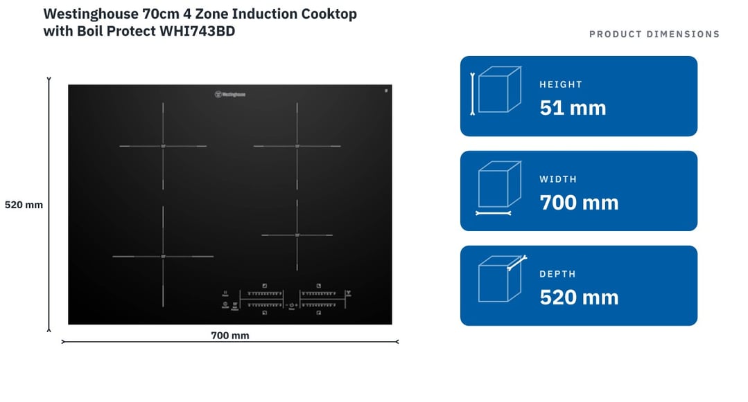 Westinghouse 70cm 4 Zone Induction Cooktop with Boil Protect WHI743BD