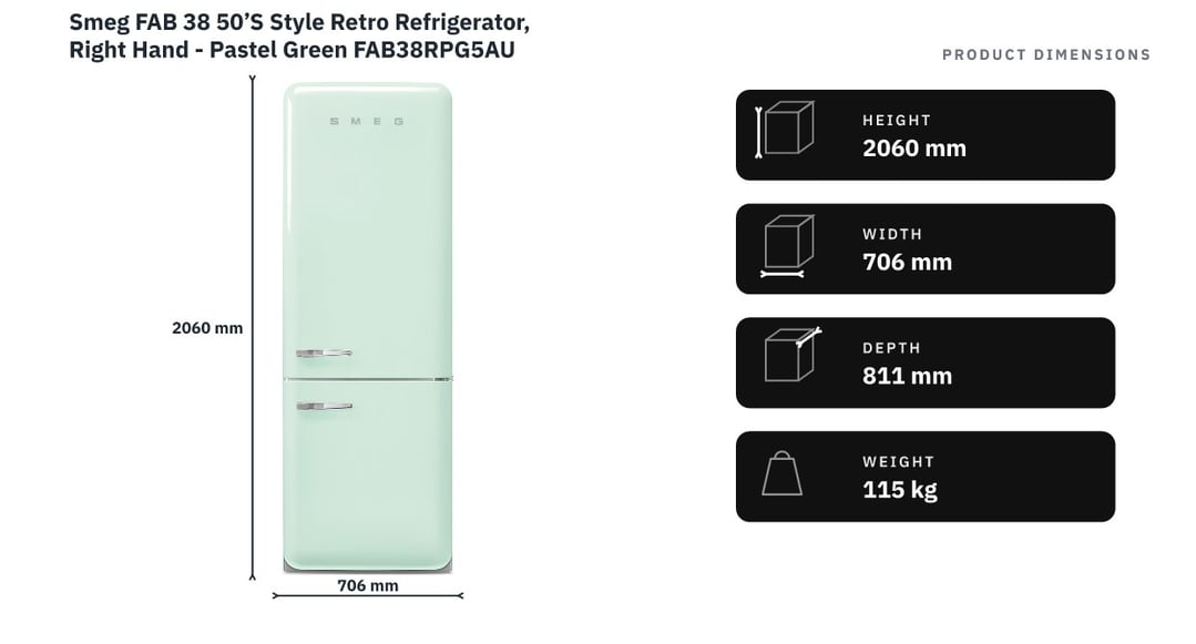 Smeg FAB 38 50’S Style Retro Refrigerator, Right Hand - Pastel Green FAB38RPG5AU