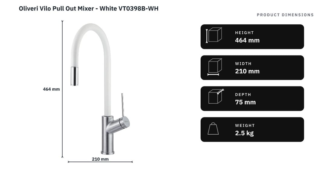 Oliveri Vilo Pull Out Mixer - White VT0398B-WH — product dimensions