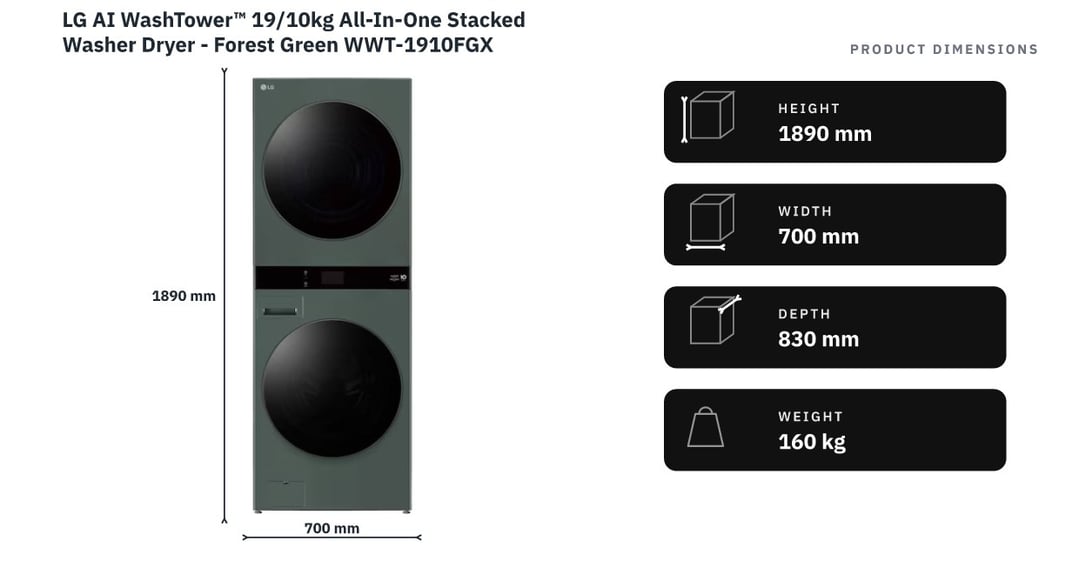 LG AI WashTower™ 19/10kg All-In-One Stacked Washer Dryer - Forest Green WWT-1910FGX — product dimensions