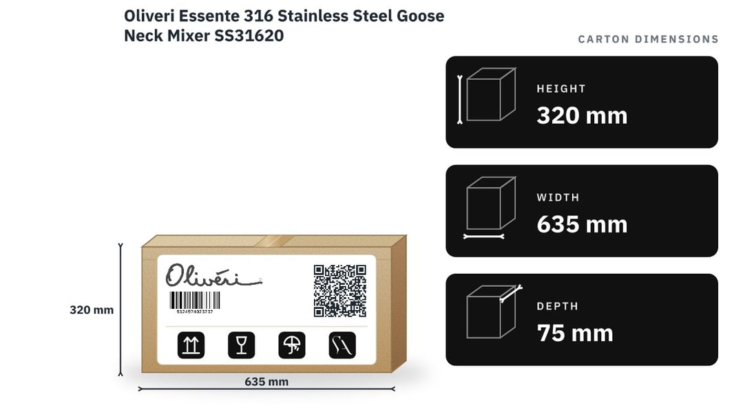 Oliveri Essente 316 Stainless Steel Goose Neck Mixer SS31620 — packaged dimensions
