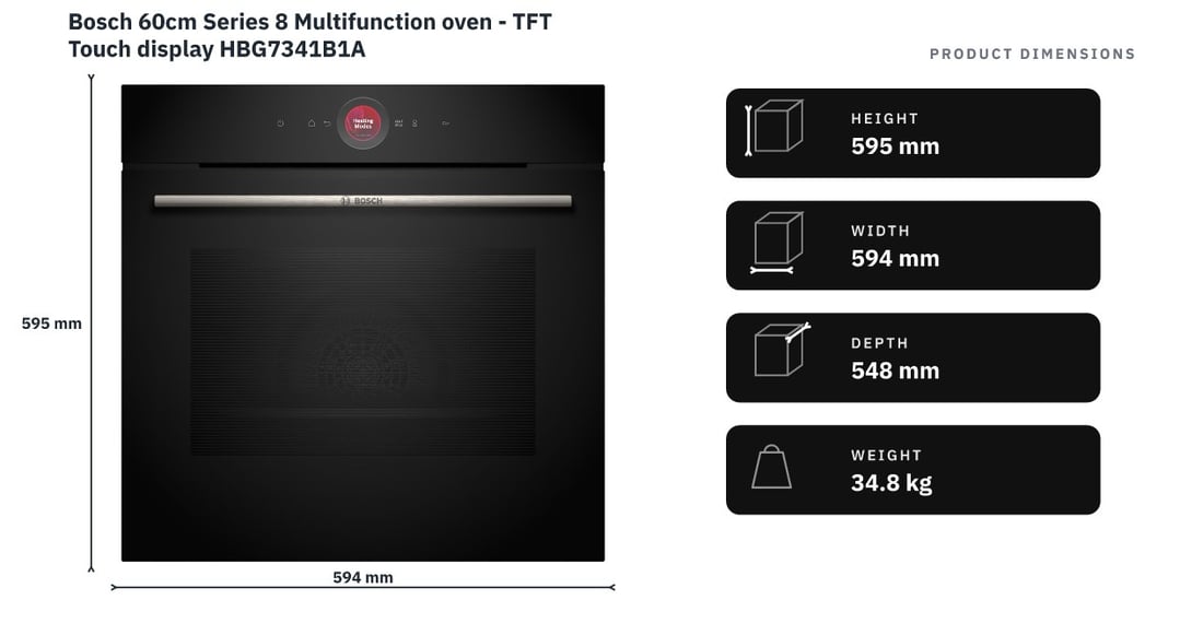 Bosch 60cm Series 8 Multifunction oven - TFT Touch display HBG7341B1A — product dimensions