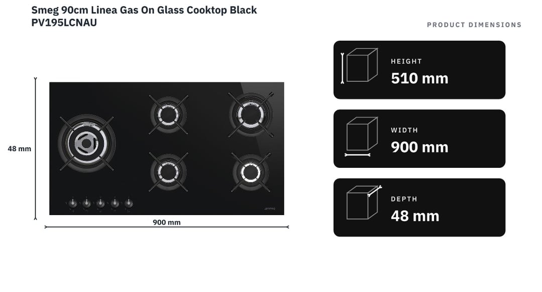 Smeg 90cm Linea Gas On Glass Cooktop Black PV195LCNAU — product dimensions